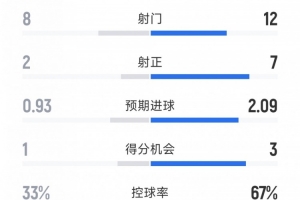 曼城2-0埃弗顿全场数据:射门12-8,射正7-2,得分机会3-1